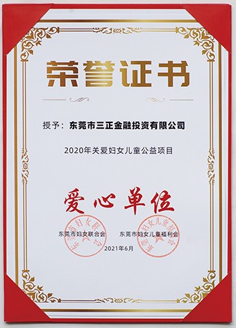 6月3日上午，東莞市婦聯(lián)聯(lián)合市委組織部、市直工委、市婦女兒童福利會(huì)共同啟動(dòng)了2021年東莞市婦女兒童“黨群公益匯”活動(dòng)。啟動(dòng)議式上，三正金融投資公司被授予“愛心單位”榮譽(yù)證書。